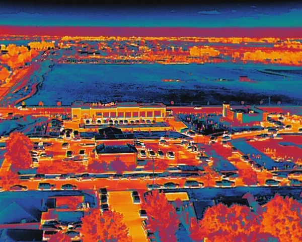 drone infrared image of residential area next to a commercial business park