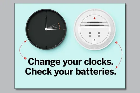 Graphic depicting checking smoke detector batteries when the time changes in the spring and fall.