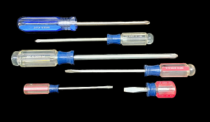 Screwdriver tool set containing six screwdrivers. Three Phillips head and three flat headed.