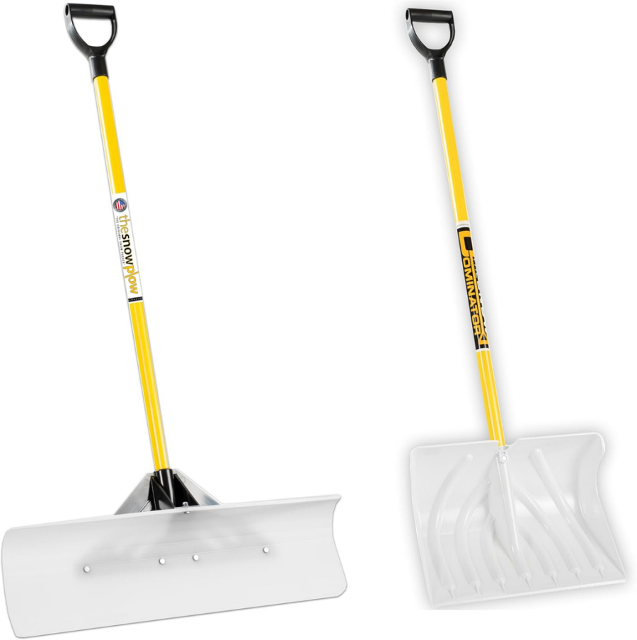 Two styles of snow shovel