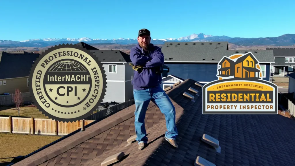 Photo of Certified Home Inspector and owner of Pandion Property Inspections LLC walking on a rooftop during a home inspection in northern Colorado with Longs Peak in the background
